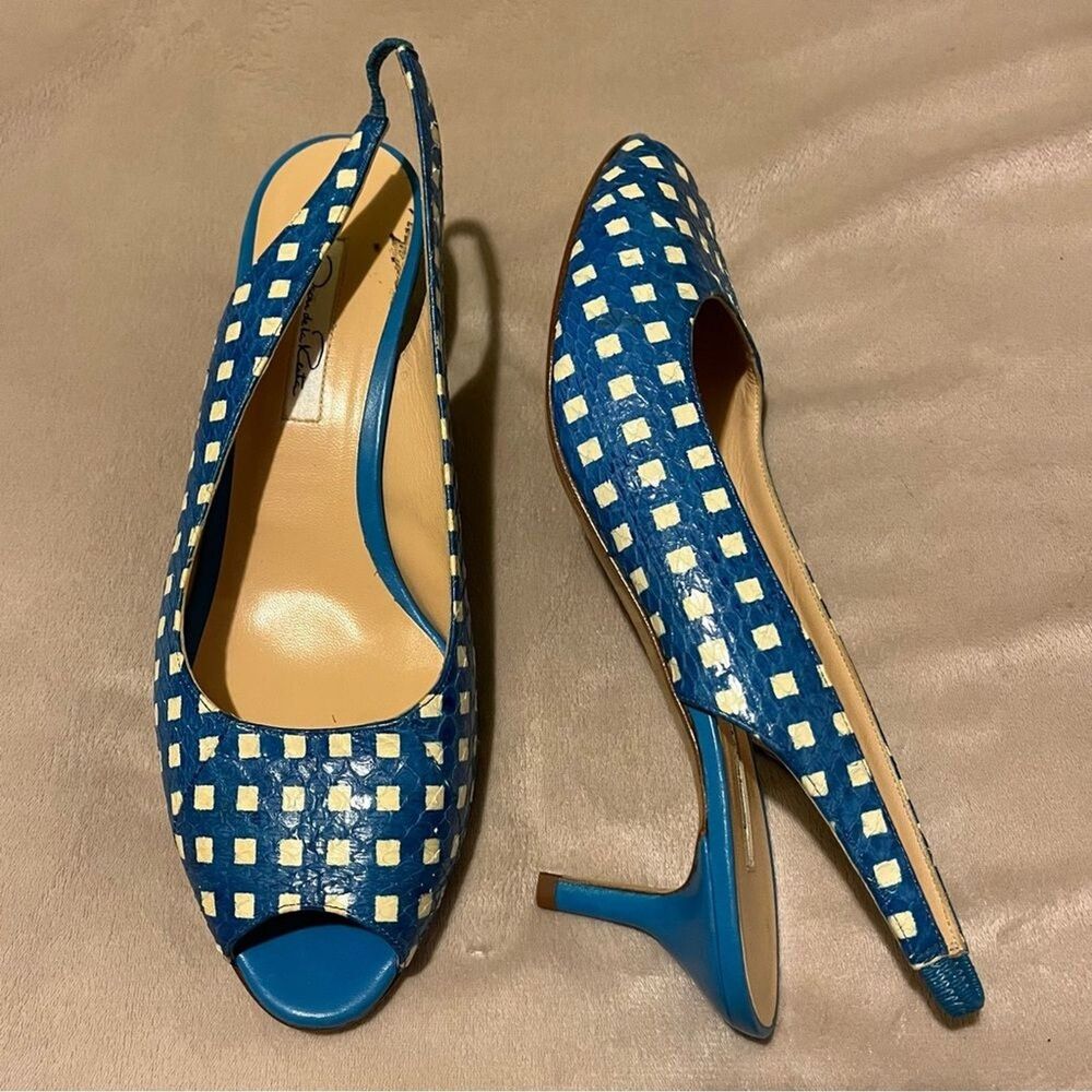 Oscar de la Renta Blue and White snakeskin embossed leather Peep-Toe Slingbacks